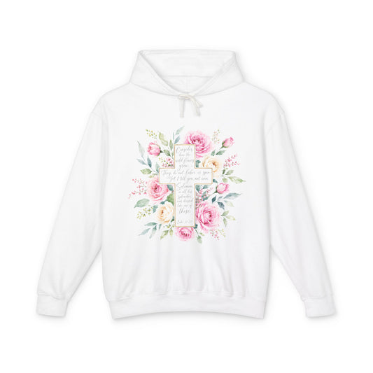 Luke 12:27 Floral Cross Hoodie | Christian Hoodie for Women | Wildflower Bible Verse Sweatshirt | Faith Gift | Lightweight Hooded Sweatshirt