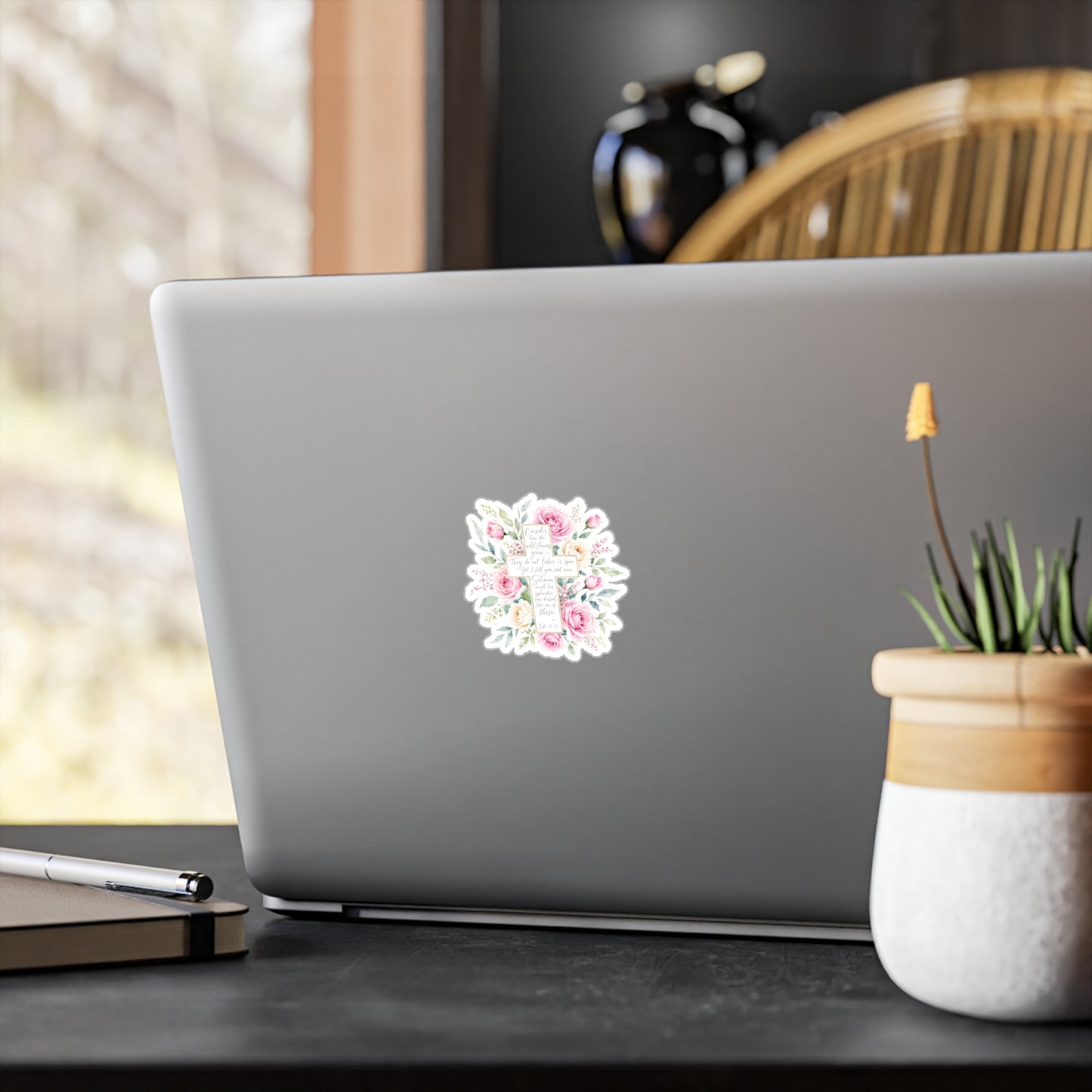 Floral Cross Scripture Sticker Kiss-Cut Vinyl Decal | Rose Bible Verse