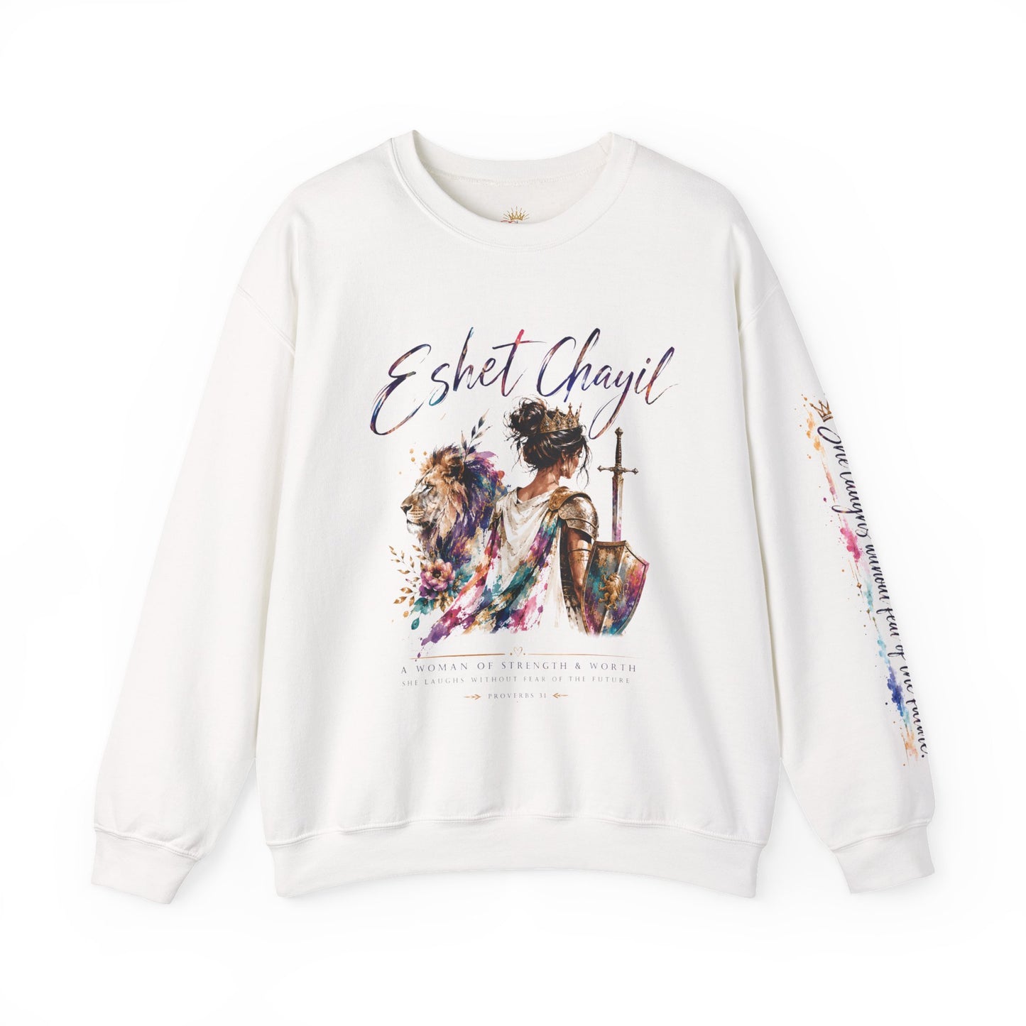 Eshet Chayil Proverbs 31 Sweatshirt | Christian Warrior Woman Crewneck | She Laughs Without Fear of the Future | Faith Gift for Women