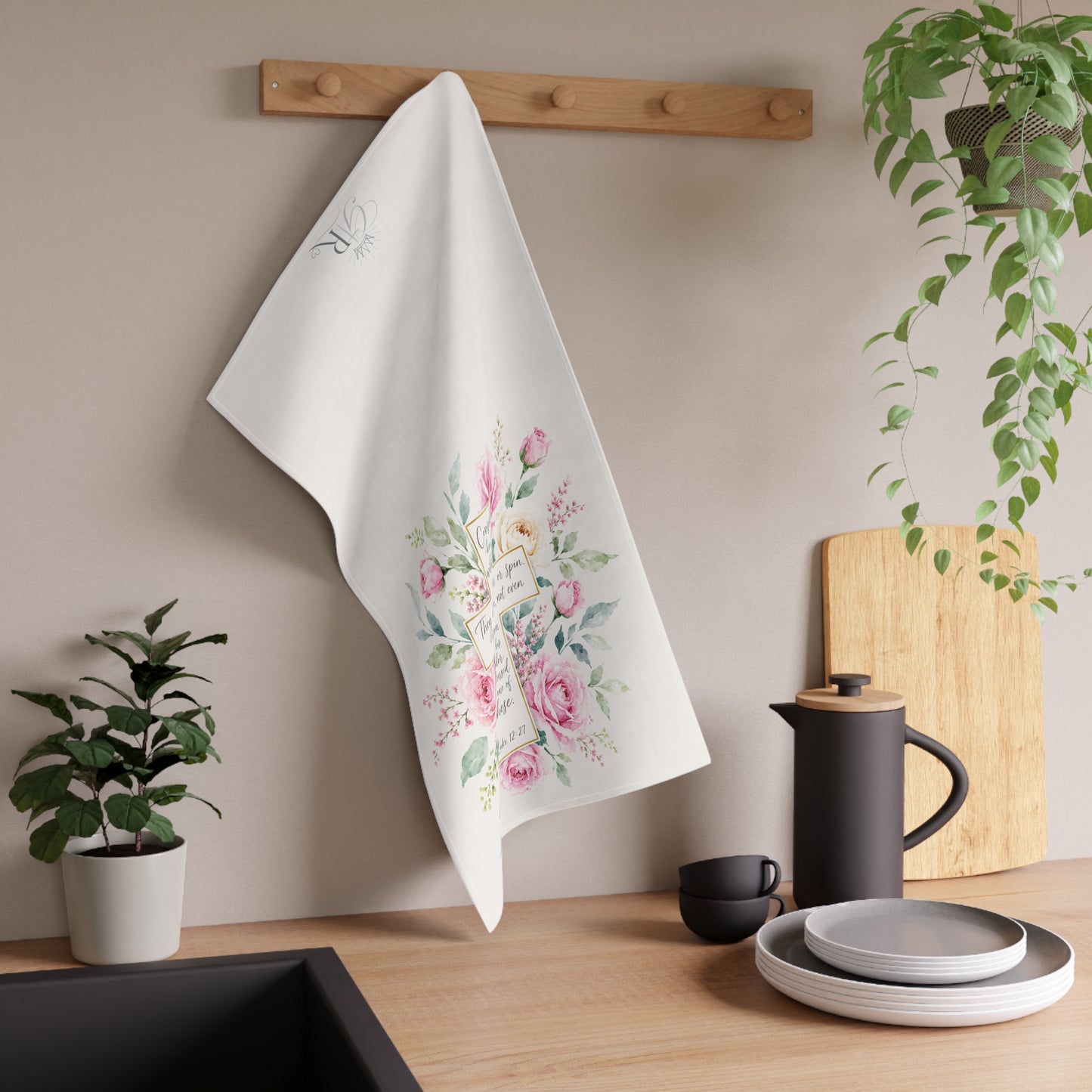 Floral Cross Scripture Tea Towel | Bible Verse Kitchen Towel