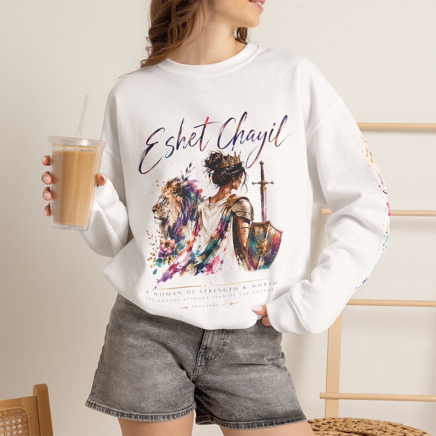 Eshet Chayil Proverbs 31 Sweatshirt | Christian Warrior Woman Crewneck | She Laughs Without Fear of the Future | Faith Gift for Women