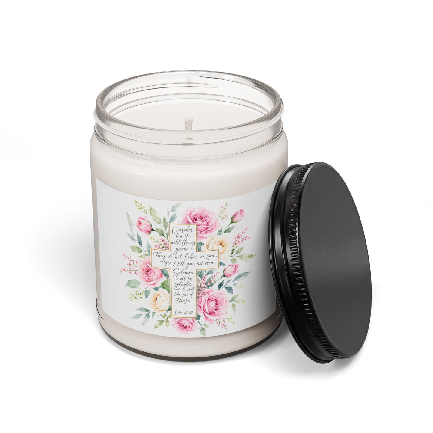 Pink Rose Watercolor Cross Candle | Scented Soy Candle, 9oz