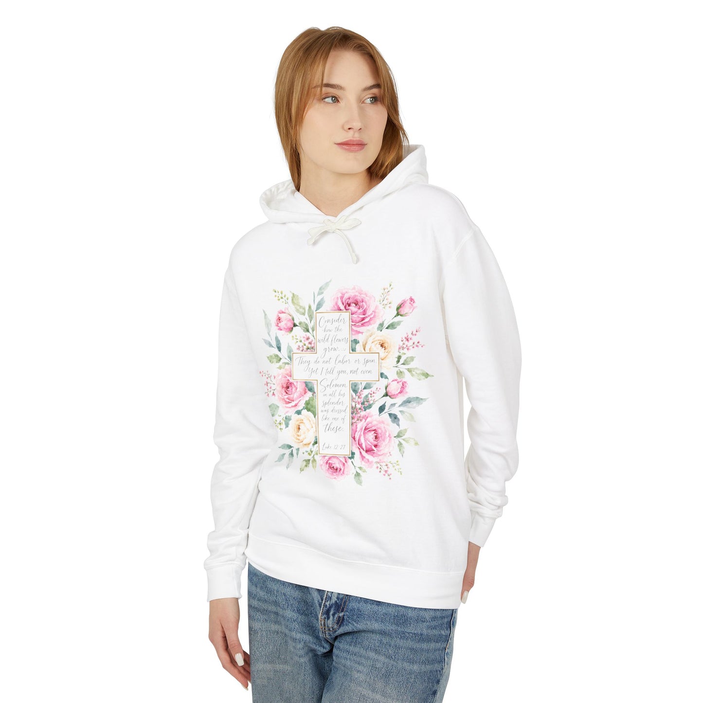 Luke 12:27 Floral Cross Hoodie | Christian Hoodie for Women | Wildflower Bible Verse Sweatshirt | Faith Gift | Lightweight Hooded Sweatshirt