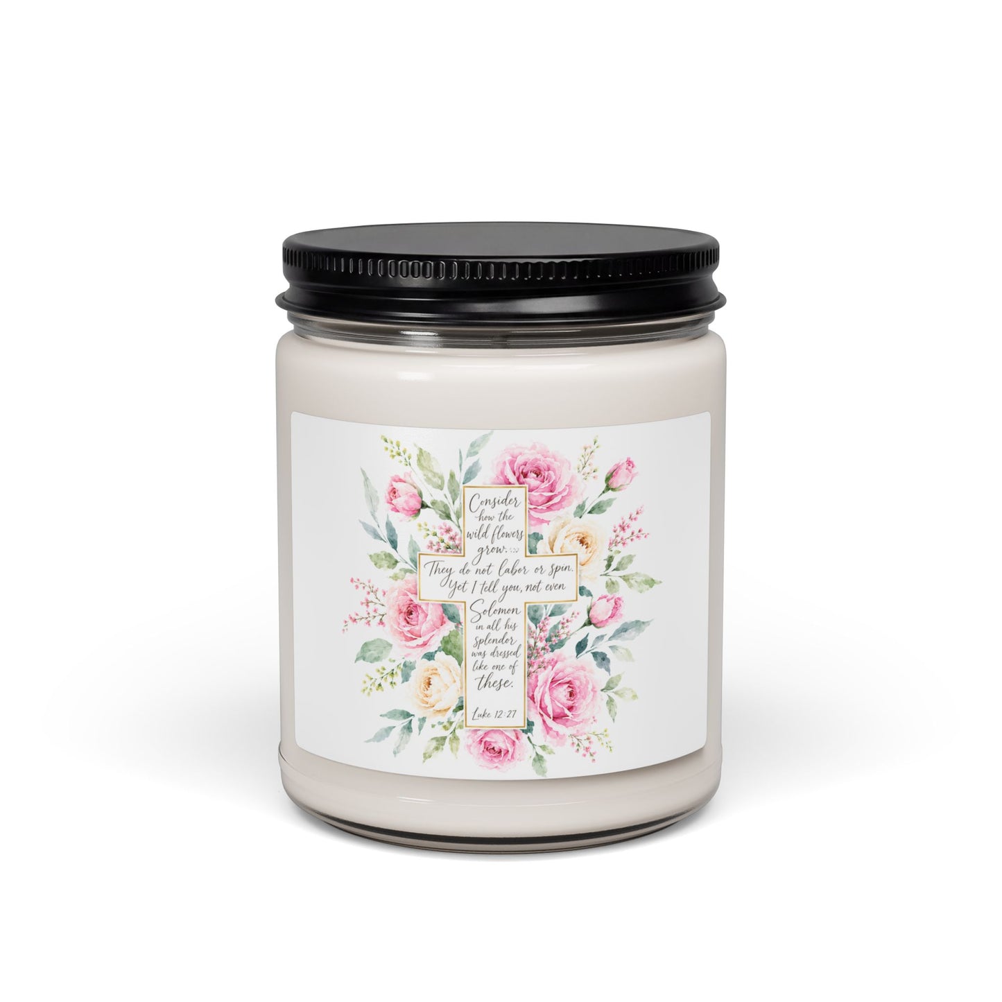 Pink Rose Watercolor Cross Candle | Scented Soy Candle, 9oz