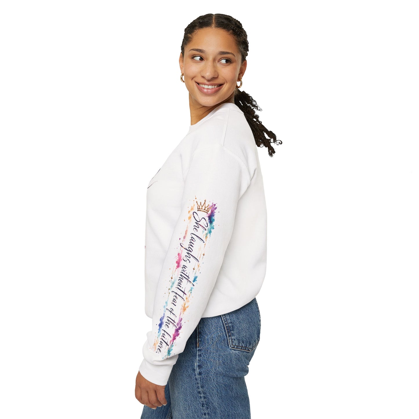 Eshet Chayil Proverbs 31 Sweatshirt | Christian Warrior Woman Crewneck | She Laughs Without Fear of the Future | Faith Gift for Women