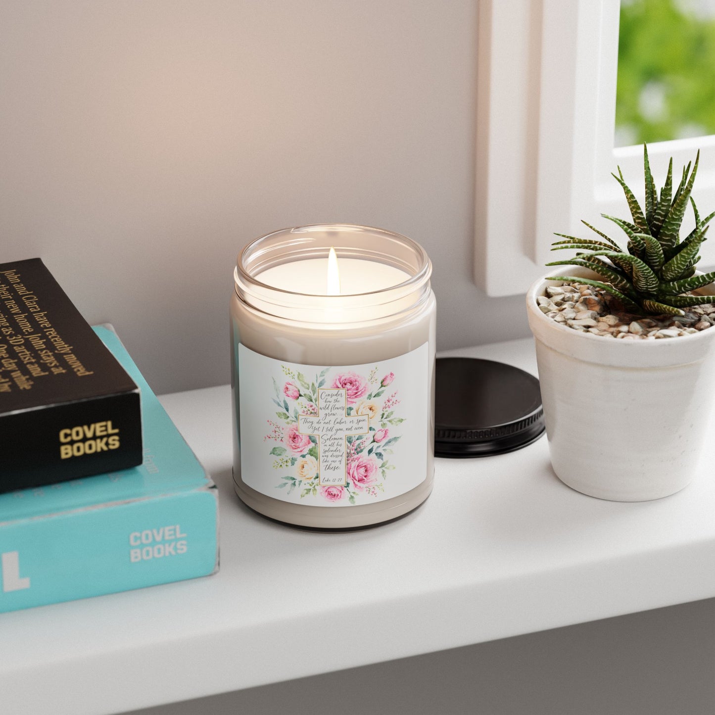 Pink Rose Watercolor Cross Candle | Scented Soy Candle, 9oz