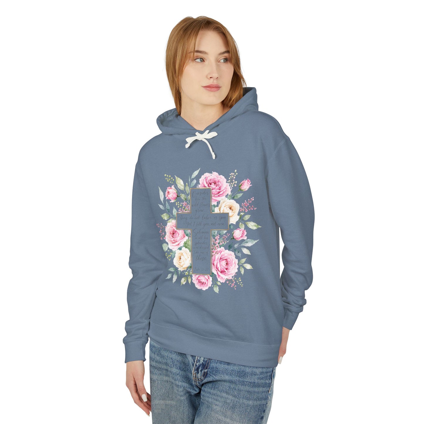 Luke 12:27 Floral Cross Hoodie | Christian Hoodie for Women | Wildflower Bible Verse Sweatshirt | Faith Gift | Lightweight Hooded Sweatshirt