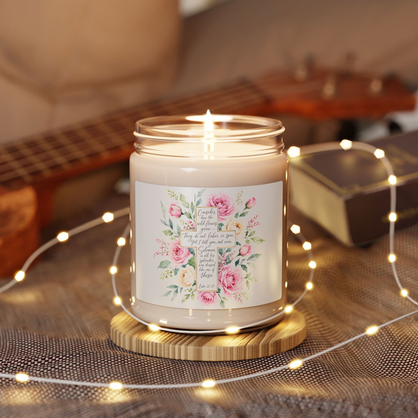 Pink Rose Watercolor Cross Candle | Scented Soy Candle, 9oz