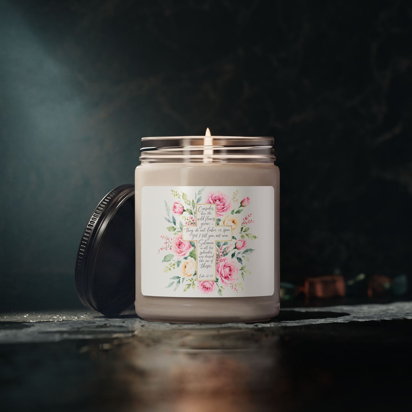 Pink Rose Watercolor Cross Candle | Scented Soy Candle, 9oz