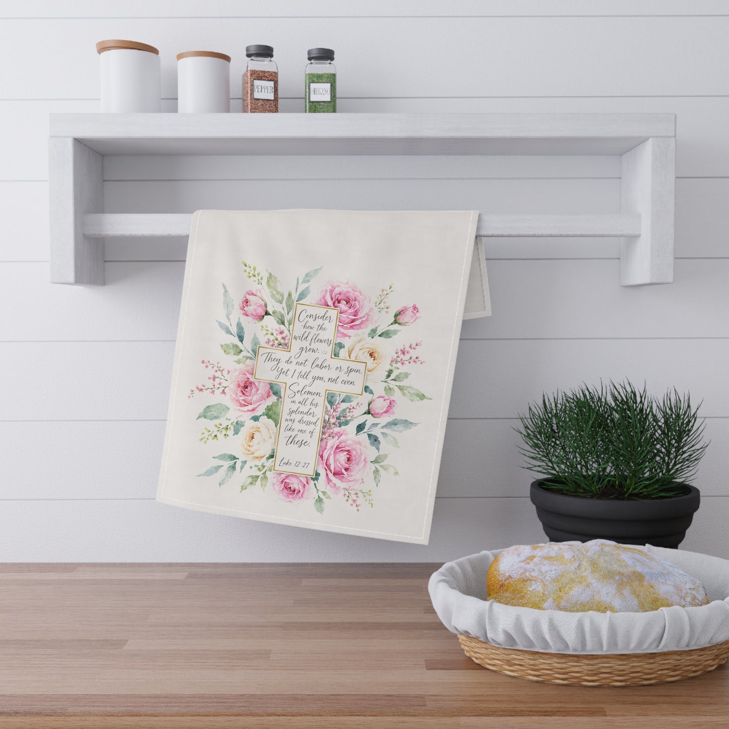 Floral Cross Scripture Tea Towel | Bible Verse Kitchen Towel