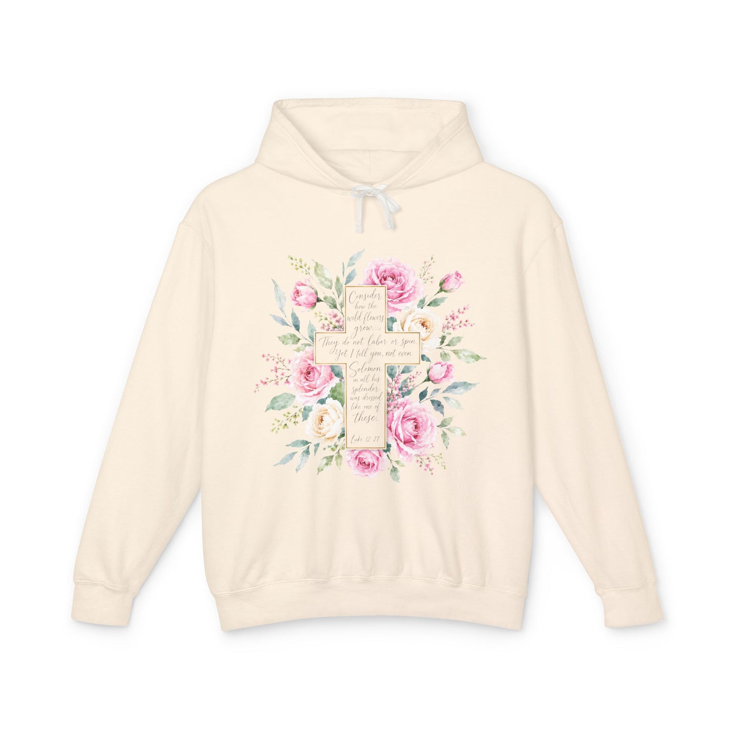 Luke 12:27 Floral Cross Hoodie | Christian Hoodie for Women | Wildflower Bible Verse Sweatshirt | Faith Gift | Lightweight Hooded Sweatshirt