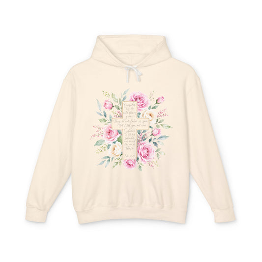 Luke 12:27 Floral Cross Hoodie | Christian Hoodie for Women | Wildflower Bible Verse Sweatshirt | Faith Gift | Lightweight Hooded Sweatshirt