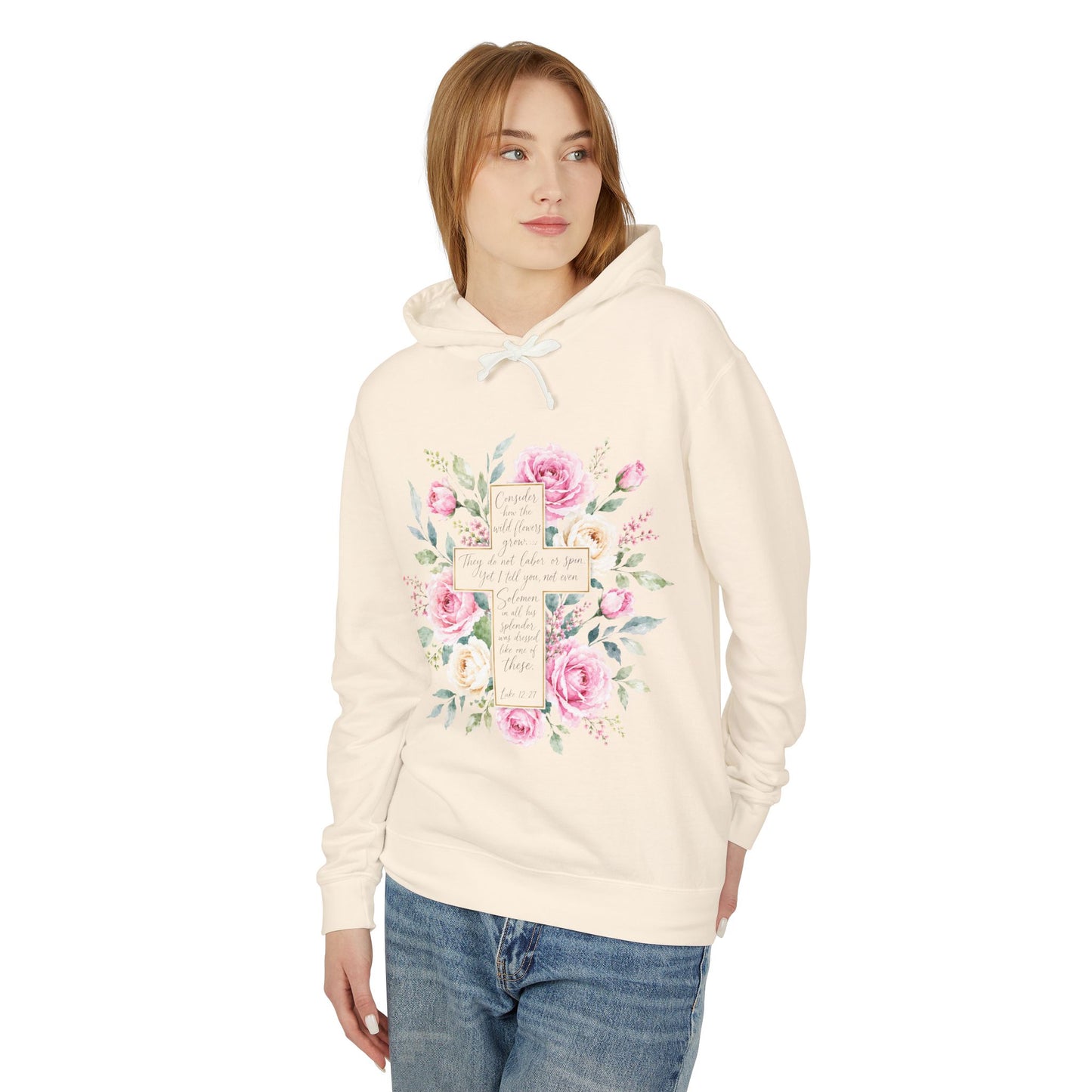 Luke 12:27 Floral Cross Hoodie | Christian Hoodie for Women | Wildflower Bible Verse Sweatshirt | Faith Gift | Lightweight Hooded Sweatshirt