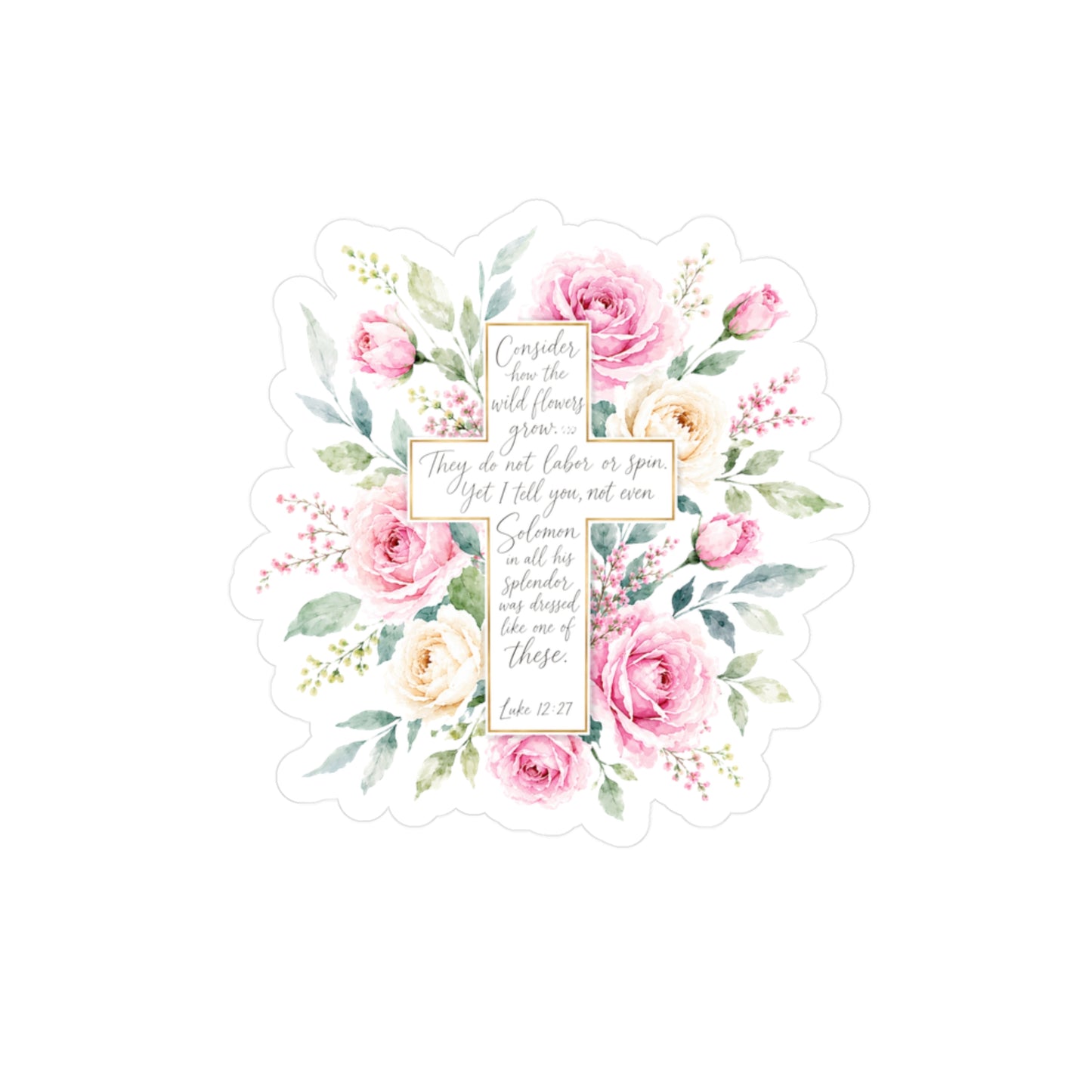 Floral Cross Scripture Sticker Kiss-Cut Vinyl Decal | Rose Bible Verse