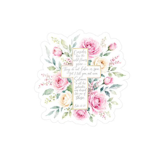 Floral Cross Scripture Sticker Kiss-Cut Vinyl Decal | Rose Bible Verse