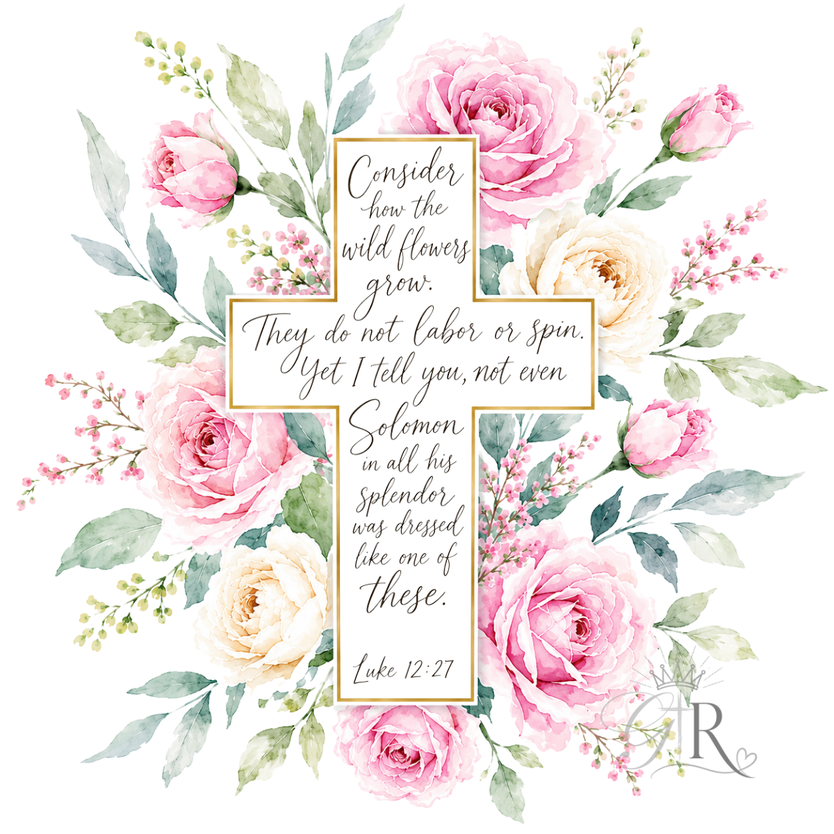 Luke 12:27 Floral Cross PNG | Christian Digital Download | Wildflower Cross Wall Art | Bible Verse Printable | Faith PNG
